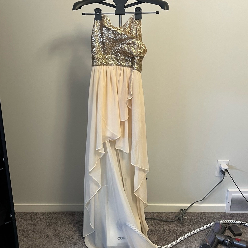 ASOS high low gold sequin strapless dress